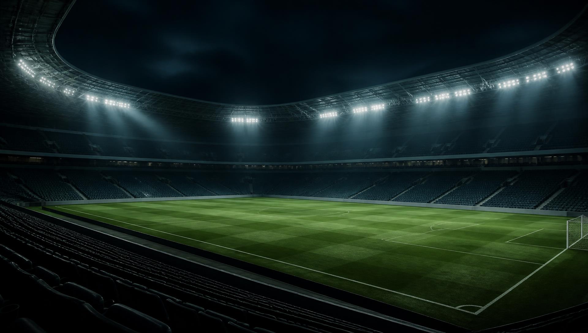 Empty floodlit football stadium at night